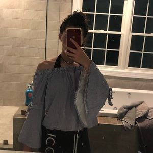 Blue and white striped strapless top